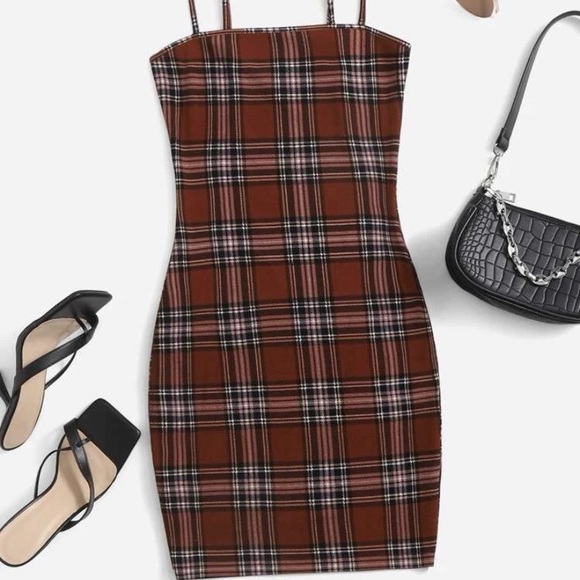 Like New Brown Plaid Country Festival Bodycon Strapless Dress XS - Picture 2 of 5
